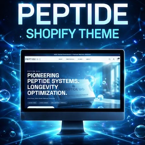 May include: A computer monitor displays a website with the text "PEPTIDE SHOPIFY THEME." The website features the words "PIONEERING PEPTIDE SYSTEMS. LONGEVITY OPTIMIZATION." The background has a blue, glowing network design.