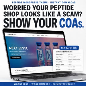 May include: A laptop screen displaying a Peptide Labs website with a Certificate of Analysis overlay. The text reads: Worried your peptide shop looks like a scam? Show your COAs. The screen shows three vials and a table with product data.