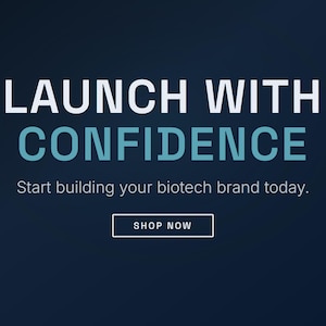 Op de afbeelding: Donkerblauwe afbeelding met de woorden "LAUNCH WITH CONFIDENCE" in wit en teal. Hieronder staat de tekst "Start building your biotech brand today." Een wit omkaderde knop zegt "SHOP NOW".