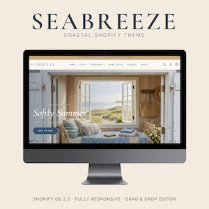 May include: A computer monitor displays a website theme called "SEABREEZE" with the tagline "Coastal Shopify Theme." The website features a coastal design with a window view, text "Softly Summer," and the text "Shop the Edit."