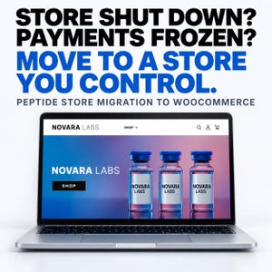 May include: A laptop displaying a website for Novara Labs with three glass vials on the screen. The text above reads: STORE SHUT DOWN? PAYMENTS FROZEN? MOVE TO A STORE YOU CONTROL. PEPTIDE STORE MIGRATION TO WOOCOMMERCE. The website features a shop button.