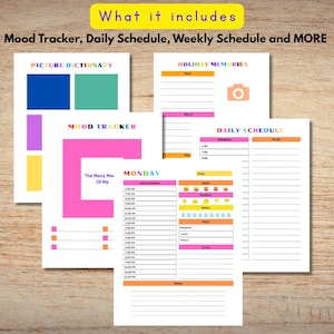 Op de afbeelding: Een verzameling kleurrijke plannerpagina's met een mood tracker, een dagschema en een sectie voor vakantieherinneringen. De tekst "What it includes" staat bovenaan. De pagina's liggen op een lichtbruin houten oppervlak.