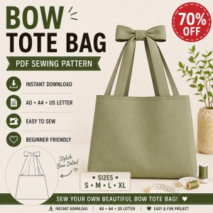 Bow Tote Bag Sewing Pattern PDF | Reusable Fabric Tote Pattern | Oversized Bow Bag | A0 A4 US Letter | S–XL | Instant Download