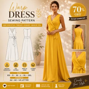 May include: A digital sewing pattern for a sleeveless wrap dress in mustard yellow. The graphic includes technical line drawings of the front and back, text reading Warp Dress Sewing Pattern, 70% off, and size options from XS to 2XL for A4, A0, and US Letter formats.