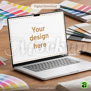 May include: A silver laptop with a keyboard and a screen displaying the text "Your design here". The laptop is surrounded by color swatches and design mockups. The words "Digital Download" are at the top.