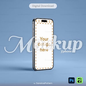 May include: A smartphone mockup featuring a white screen with a dashed orange border and the text Your design here. The device is displayed against a solid blue background with the text Digital Download at the top and SandraaPattern at the bottom.