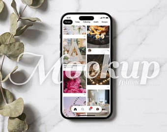 Maqueta minimalista de iPhone en formato PSD con fondo de mármol y diseño de afinidad (descarga digital).