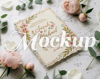 Maqueta de tarjeta de felicitación de boda / Papelería floral tamaño A5 (PSD y Affinity)