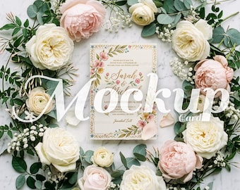 Maqueta de invitación de boda con corona floral / Papelería de mármol vista plana (PSD, Affinity)