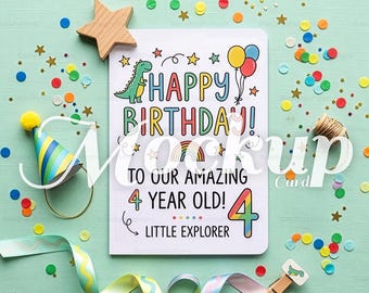 Maqueta de tarjeta de cumpleaños infantil / Dinosaurio, confeti, fondo menta (descarga digital)