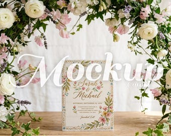 Maqueta de invitación de boda con arco floral / Tarjeta de pie con flores (Descarga digital)