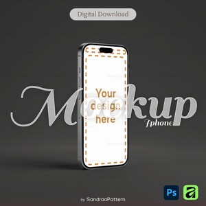 Op de afbeelding: Een smartphone-mockup met een wit scherm, een oranje gestippelde rand en de tekst Your design here. Het apparaat wordt weergegeven tegen een donkergrijze achtergrond met de tekst Digital Download bovenaan en SandraaPattern onderaan.