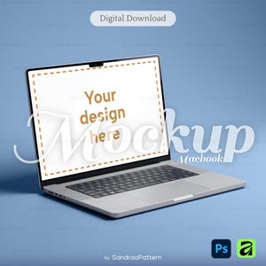 May include: A silver laptop computer mockup featuring a white screen with a brown dashed rectangular border and the text Your design here. The screen also displays the word Mockup and Macbook. A Digital Download label appears above the laptop.