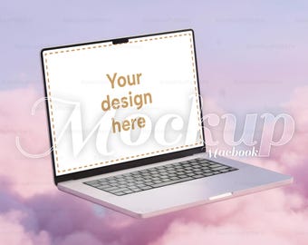 Maqueta de MacBook con nubes en tonos pastel / Presentación de portátil con nubes rosas de ensueño (Descarga digital)
