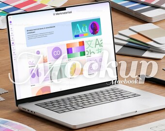 Maqueta de espacio de trabajo con marca MacBook / Presentación de portátil de estudio de diseño colorido (PSD, Affinity)