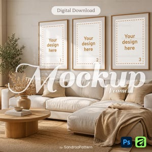 May include: A living room mockup featuring three framed prints with the text "Your design here." The frames are displayed above a beige sectional sofa with decorative pillows and a tan throw blanket. A wooden coffee table and rug complete the scene.