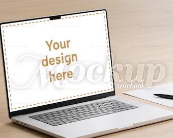 Maqueta minimalista de MacBook / Presentación de marca para espacio de trabajo limpio en madera (Descarga digital)