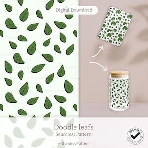 Seamless doodle leaf pattern green botanical design fabric print digital download for baby and home decor