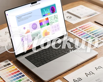 Maqueta de espacio de trabajo con marca MacBook / Presentación de portátil para estudio de diseño (descarga digital)