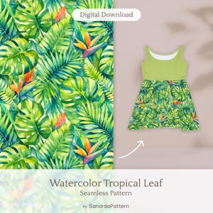Op de afbeelding: Een naadloos aquarelpatroon van tropische bladeren en bloemen in groen, geel en oranje tinten. Een mouwloze jurk met een groene top en een rok met hetzelfde tropische bladerenpatroon wordt getoond. De tekst "Watercolor Tropical Leaf Seamless Pattern" wordt weergegeven.