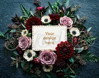 Maqueta de tarjeta de boda con estampado floral oscuro / Papelería de estilo gótico romántico (descarga digital)