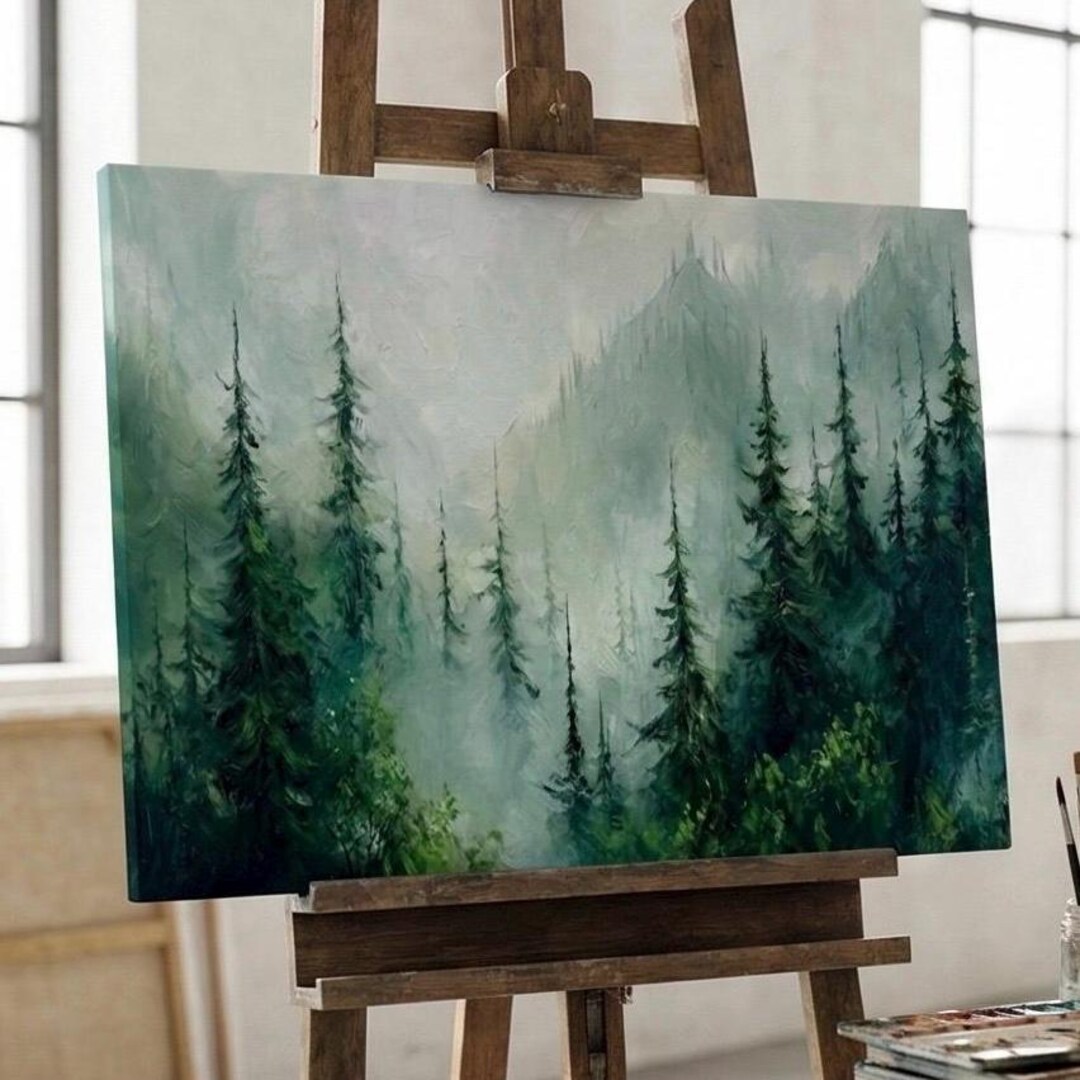 Original Handmade Large Misty Forest Painting, Pine Tree Landscape Wall ...