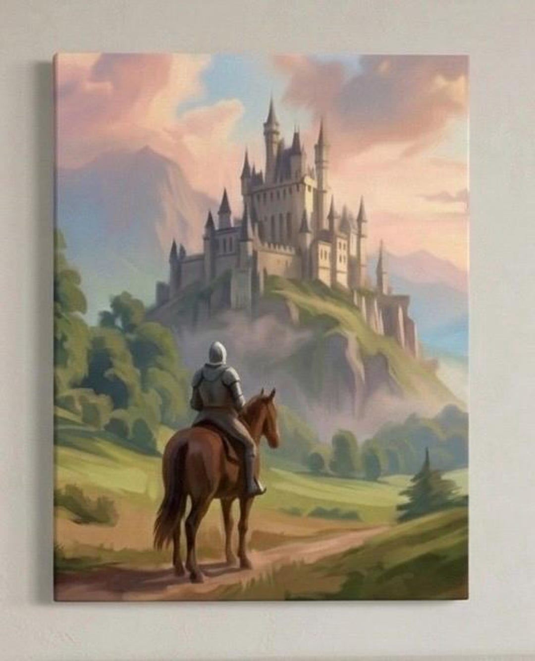 Original Handmade Knight Riding Horse Toward Castle Painting, Fantasy ...