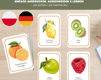 Lernkarten Deutsch Polnisch für Kinder – Obst & Gemüse - 32 Vokabelkarten, Downloaden,Ausdrucken u. Ausschneiden - Zweisprachig - Flashcards