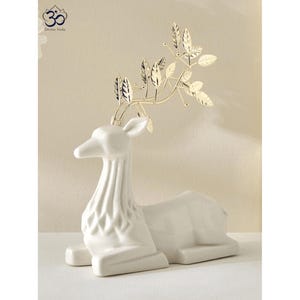 Ceramic Sitting Reindeer Statue with Gold Leaf Antlers | White Deer Figurine Home Decor | Modern Console Table Centerpiece Gift