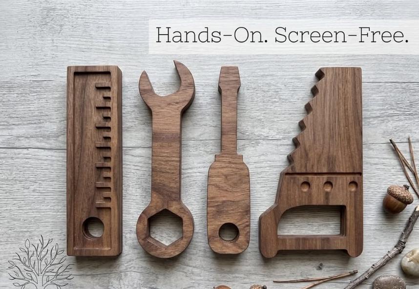 Solid Walnut Kids Tool Set | Montessori Pretend Play Hardwood Toys