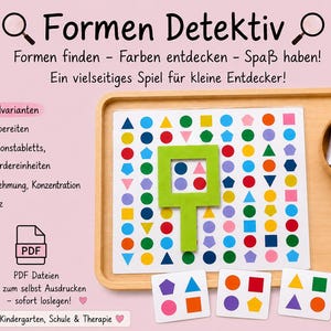 Könnte beinhalten: Ein Lernspiel für Kinder mit dem Titel "Formen Detektiv" (Formen Detektiv). Das Bild zeigt ein Holztablett mit einem Raster aus bunten Formen, passende Karten und einen grünen Formensortierer. Der Text sagt: "Formen finden - Farben entdecken - Spaß haben!"