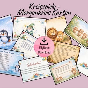 Puede incluir: Un conjunto de tarjetas ilustradas con varios temas, incluyendo un pingüino sobre hielo, un gnomo, leones y osos de peluche. Las tarjetas presentan texto en alemán y las palabras "Digitaler Download". Tarjetas para niños.