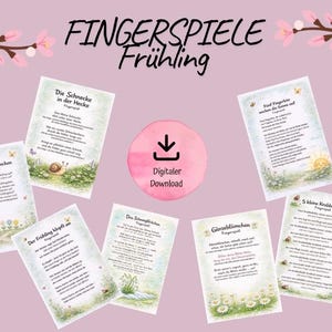 May include: A set of printable cards with German text and illustrations, with the title "Fingerspiele Frühling". The cards feature spring-themed imagery and are available for digital download.