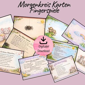 Può includere: Una collezione di carte illustrate con testo in tedesco, con simpatici personaggi di animali come topi, scimmie e ragni. Le carte hanno una morbida tavolozza di colori pastello e includono il testo "Digitaler Download". Le carte sono per bambini.