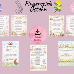 May include: A digital download featuring Easter-themed artwork. The image includes several illustrated cards with poems, Easter eggs, bunnies, and chicks. The text "Fingerspiele Ostern" is at the top, with a pink download button in the center.