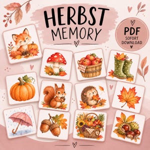 Könnte beinhalten: Ein digitales Memory-Spiel mit herbstlichen Illustrationen auf quadratischen Karten. Der Text HERBST MEMORY und PDF SOFORT DOWNLOAD erscheint auf einem hellrosa Hintergrund. Die Bilder zeigen einen Fuchs, Pilz, Äpfel, Stiefel, Kürbis, Eichhörnchen, Igel, Blatt, Regenschirm, Eicheln, Erntekorb und Kastanien.
