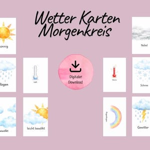 Könnte beinhalten: Ein Satz Aquarell-Wetterkarten mit deutschem Text, darunter Bilder von Sonne, Regen, Wolken und einem Regenbogen. Die Karten sind auf einem rosa Hintergrund mit dem Wort "Digitaler Download" angeordnet.