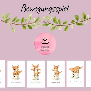 May include: A digital download featuring watercolour illustrations of a kangaroo on a die, with German text. The kangaroo is depicted in various poses, such as balancing, jumping, and stretching. A green leafy branch and pink circle with a download arrow are also present.