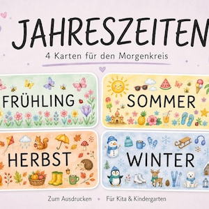 Könnte beinhalten: Vier rechteckige Karten mit der Überschrift JAHRESZEITEN, 4 Karten für den Morgenkreis, mit Aquarellillustrationen für jede Jahreszeit: FRÜHLING mit Blumen, SOMMER mit Sonne und Strandmotiven, HERBST mit Blättern und Kürbis sowie WINTER mit Schnee.