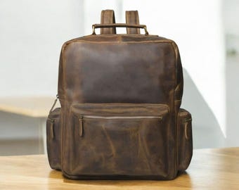 Full Grain Buffalo Leather Backpack – Rugged Travel Rucksack, Laptop Bag – Personalized Gift