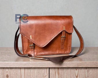 Vintage Brown Leather Messenger Bag – Handmade Full Grain Laptop Shoulder Bag