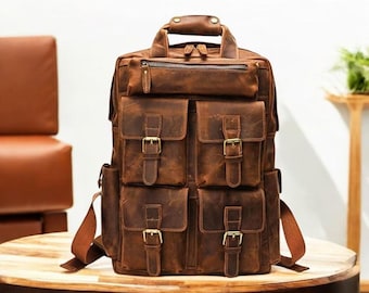Vintage Buffalo Leather Backpack – Large Distressed Rucksack, College Bookbag, Travel Bag