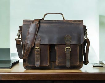 Full Grain Buff Leather Messenger Bag – Distressed Vintage Laptop Briefcase Shoulder Bag