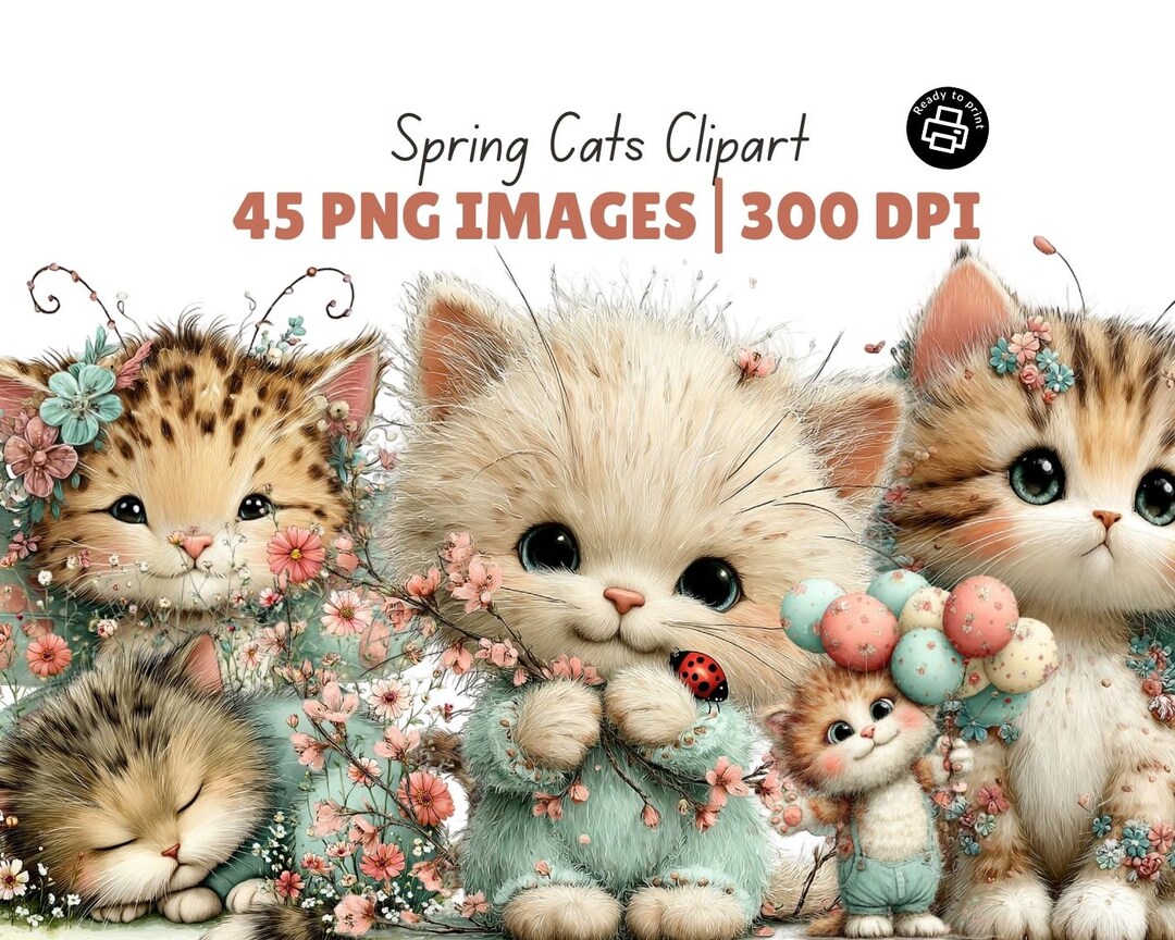 Watercolor Spring Cat Clipart Set, Floral Kitten PNG Illustrations ...