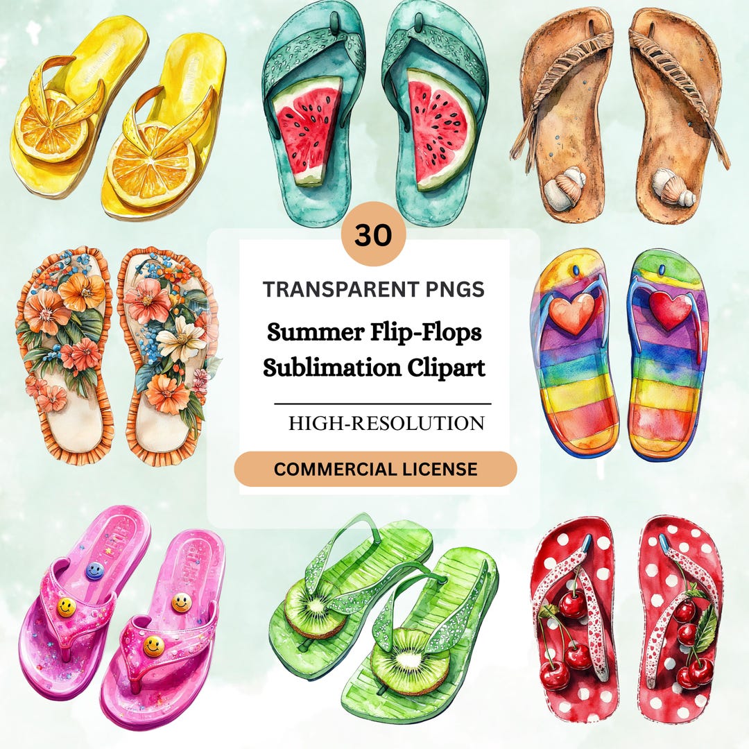 Summer Flip Flops Clipart PNG Bundle, Beach Sandals Sublimation ...