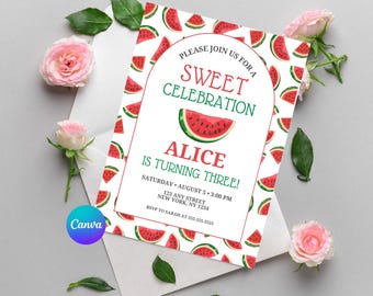 Watermelon Birthday Invitation Template Editable Sweet Summer Party Invite | Canva 5x7 Printable Instant Download