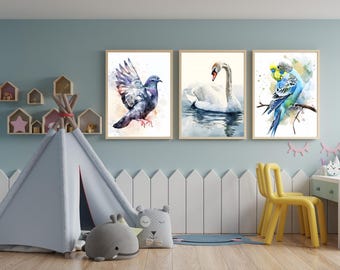 Parrot, Pigeon, Swan Watercolor Prints | Set of 3 Bird Art (Digital Download)