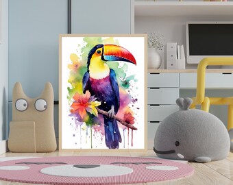 Colorful Toucan Watercolor Print | Tropical Jungle Bird Nursery Art (Digital Download)