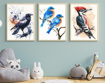 Elegant Bird Watercolor Prints Set | Peacock, Kingfisher, Crane Nature Decor (Digital Download)