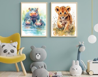 Safari Animal Nursery Prints | Hippo Family, Lion Cub Watercolor (Digital Download)